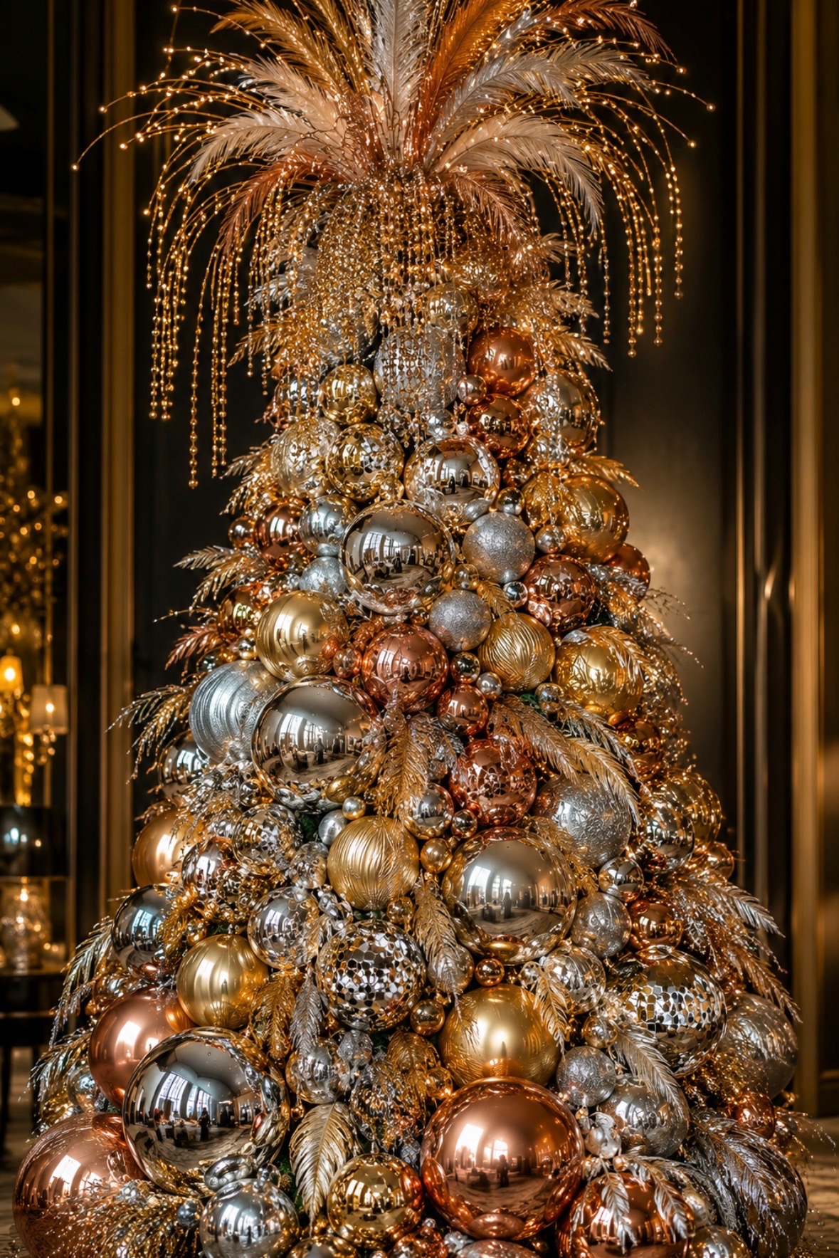 Sculptural metallic holiday tree in gold, silver and copper designed by Design House